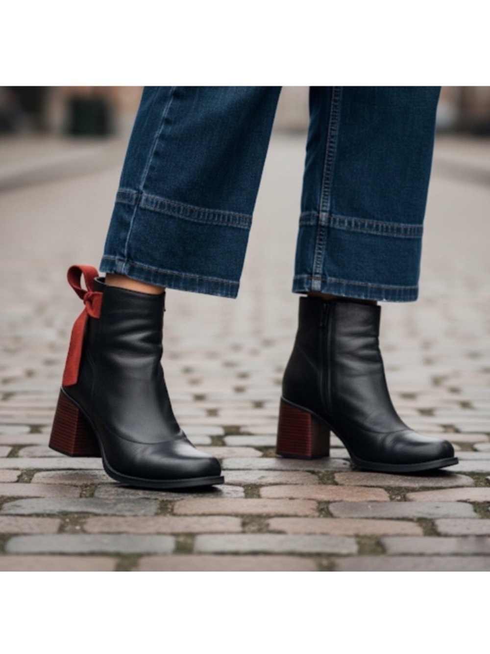 BUENO Black Leather Ankle Boots Red Bow Block Heel Size 7